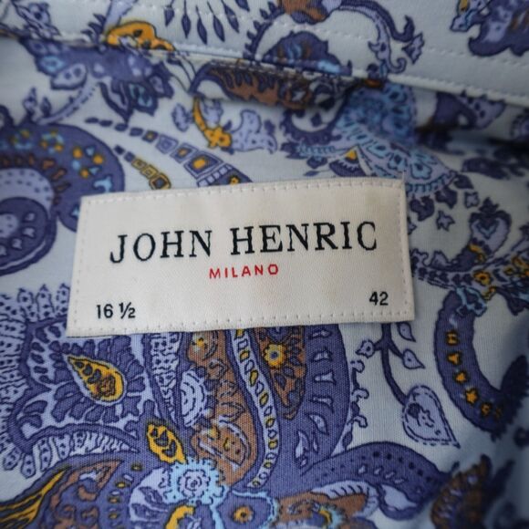 John Henric Shirt Men's 16.5 42 Blue Paisley Milano Button Up Easy Iron Cotton - Picture 3 of 9